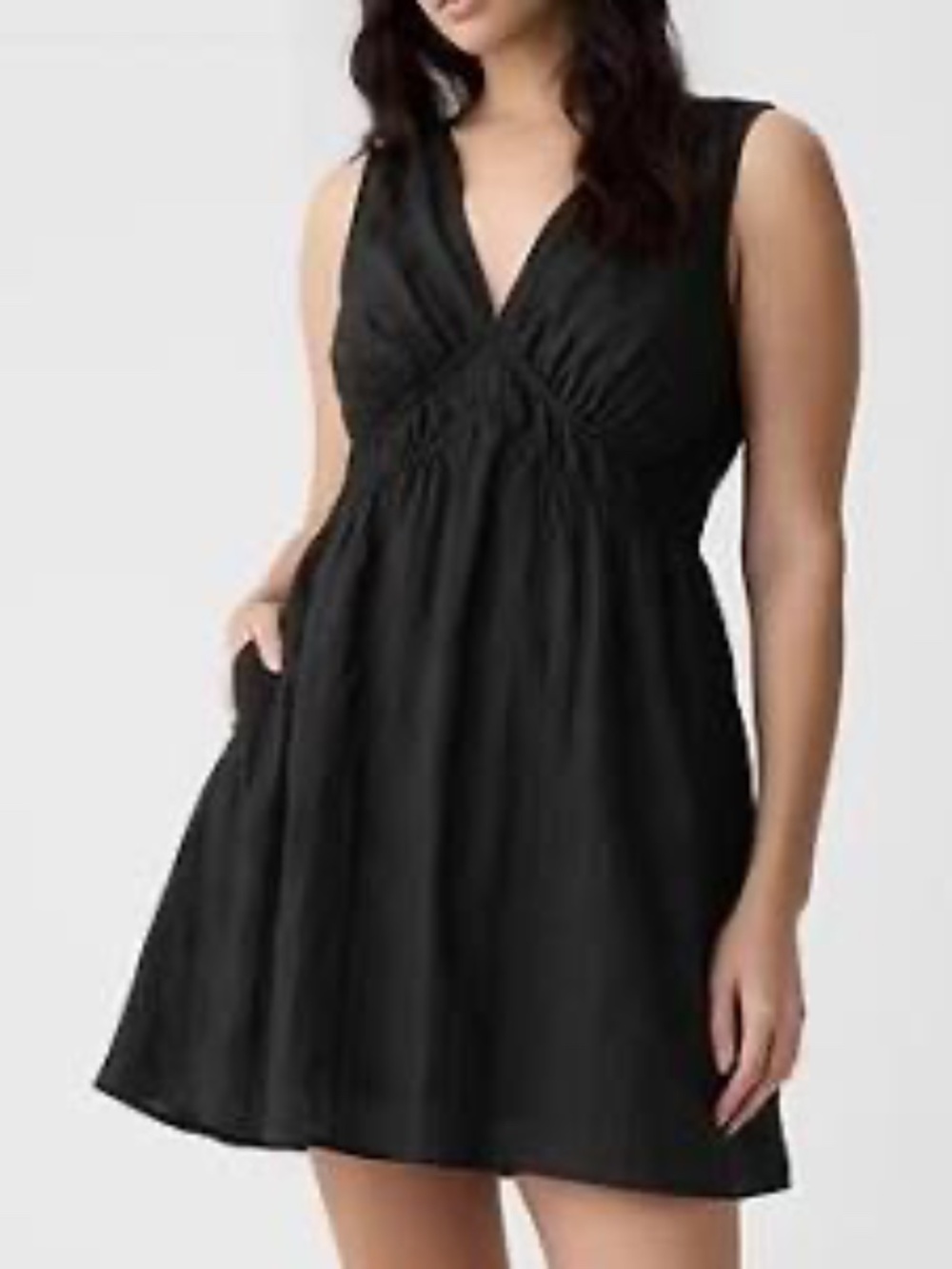 GAP Textured Crinkle Empire Waist V-neck Mini Dress, Black Size LP
